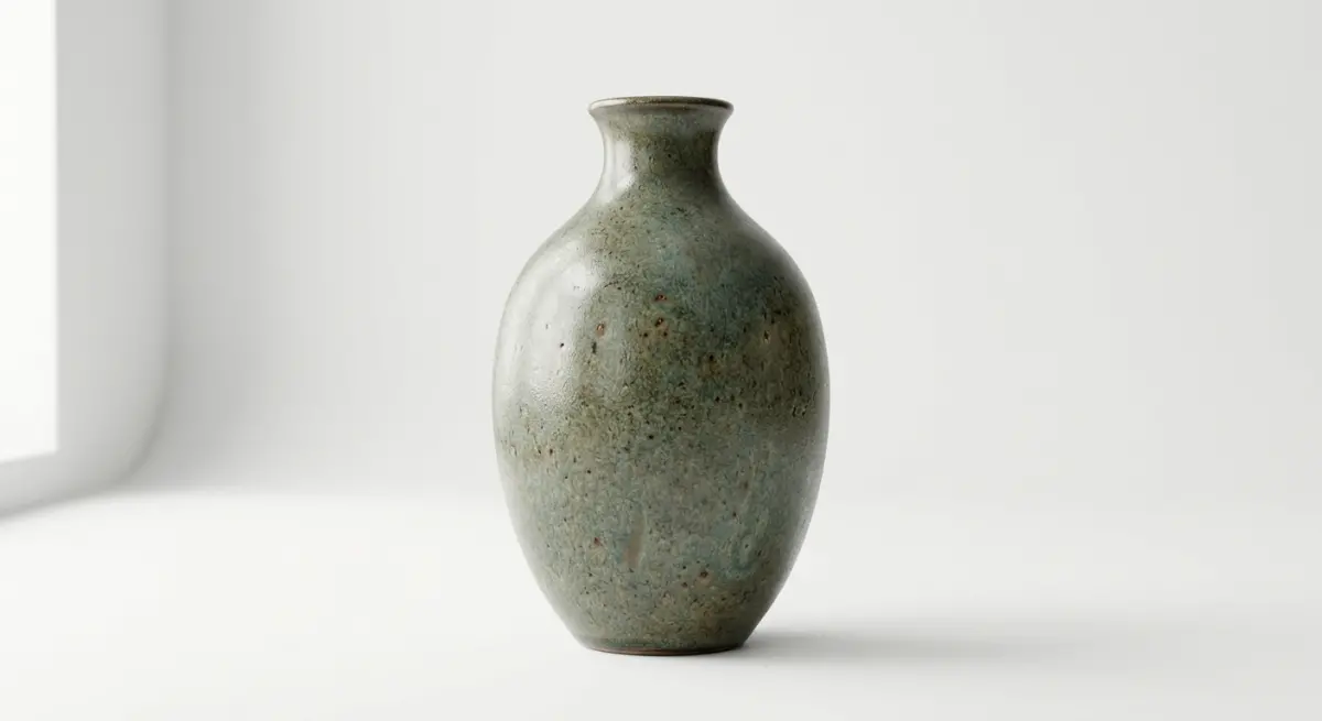3D render of a textured green ceramic vase on a white background