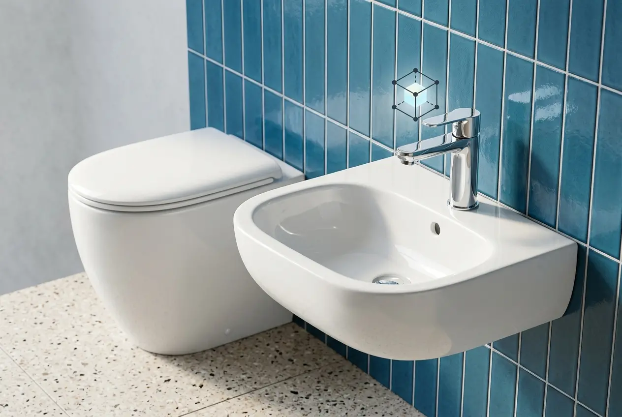 3D render of a modern toilet and bidet with blue tiled wall — 3D Bathroom Product Rendering for Sanitaryware and Fixture Br