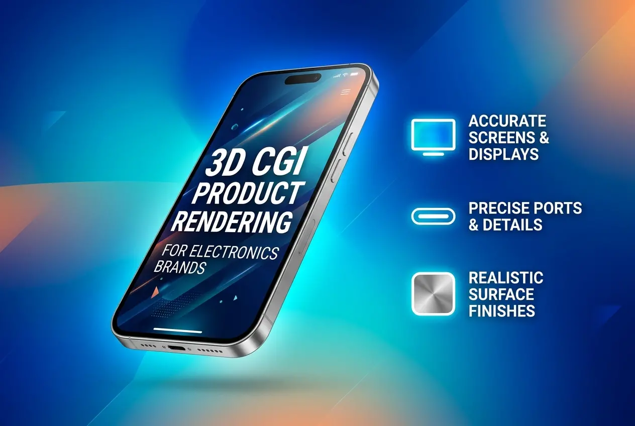 Phone displaying "3D CGI Product Rendering" text, highlighting accurate screens, ports, and finishes — 3D CGI Product Rende