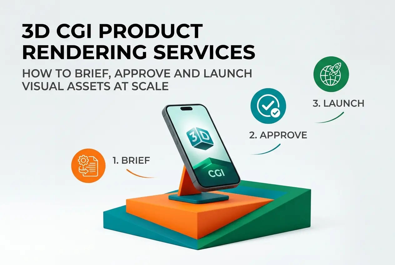 3D render showing the 3D CGI product rendering services process: brief, approve, launch — 3D CGI Product Rendering Services