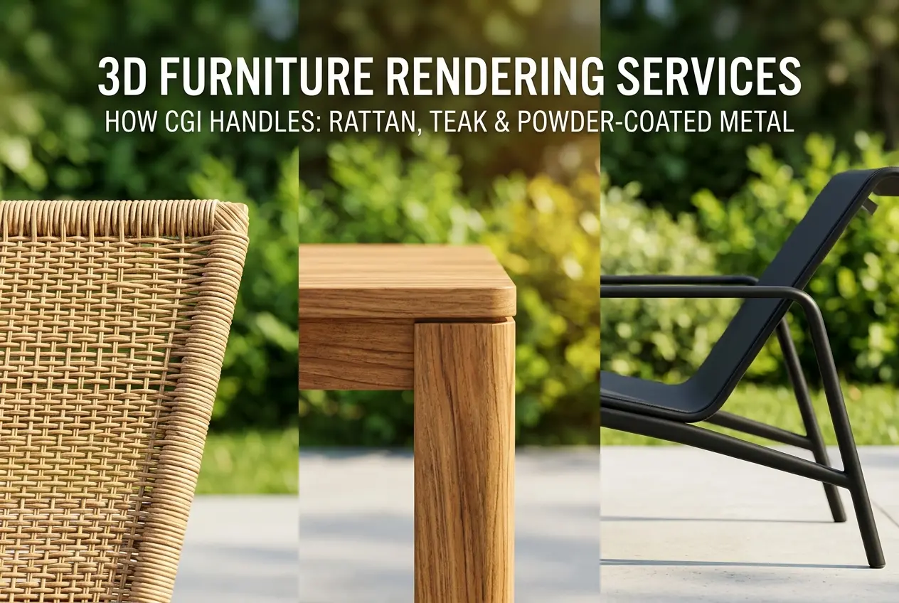Close-up view of rattan, teak, and metal furniture textures for 3D rendering — 3D Furniture Rendering Services for Outdoor