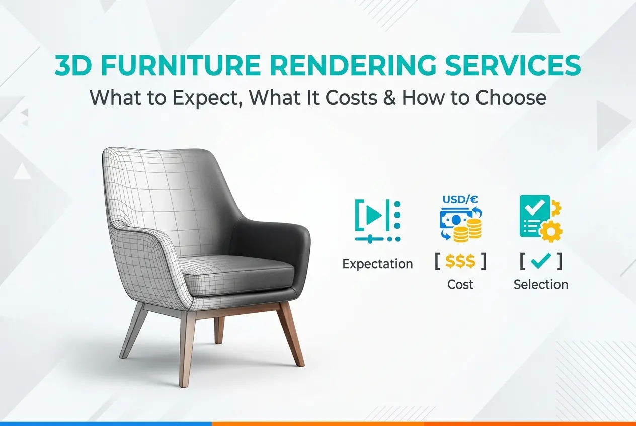 3D render of a modern armchair with wireframe overlay, illustrating furniture rendering services — 3D Furniture Rendering S
