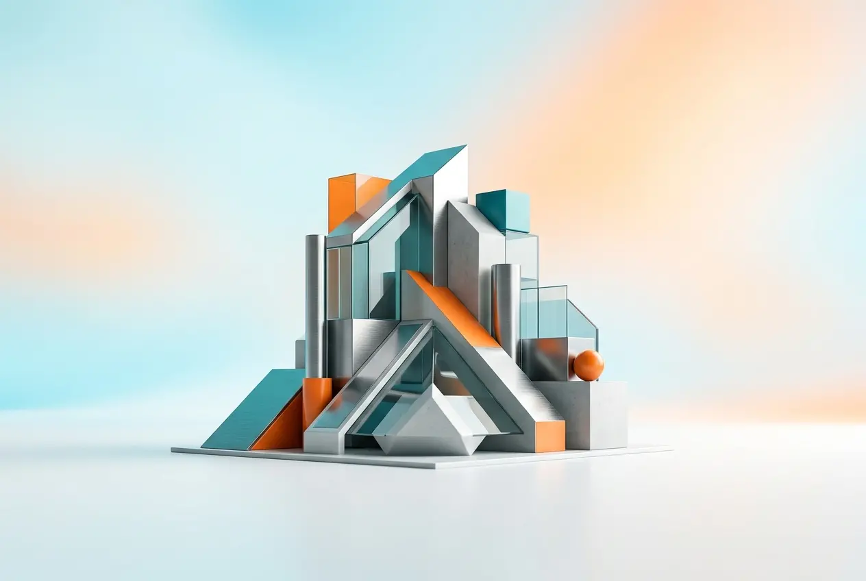 3D render of abstract metallic and glass geometric shapes with orange accents against a soft gradient background — 3D Indus