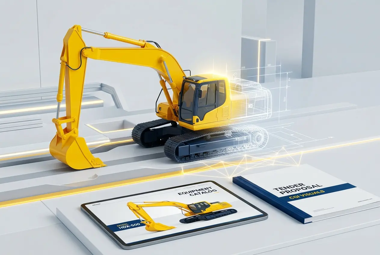 3D render of yellow excavator next to tender proposal and tablet showing equipment catalog — 3D Industrial Rendering for He