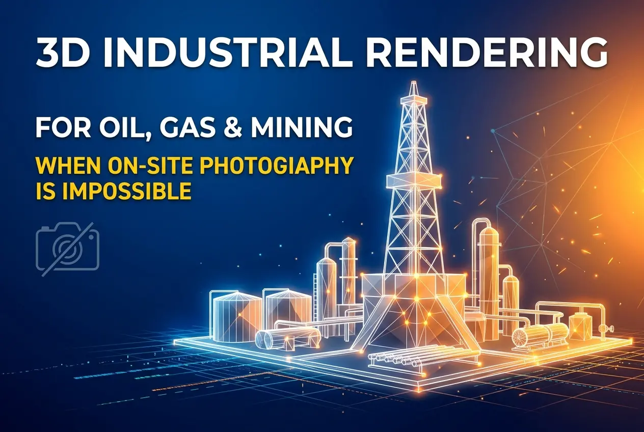 3D rendering of oil and gas industry equipment with a digital network overlay — 3D Industrial Rendering for Oil, Gas and Mi