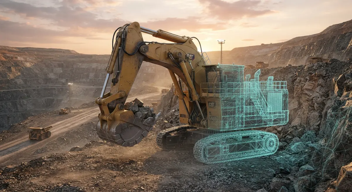 A yellow excavator is overlaid with a blue 3D wireframe model in a quarry at sunset