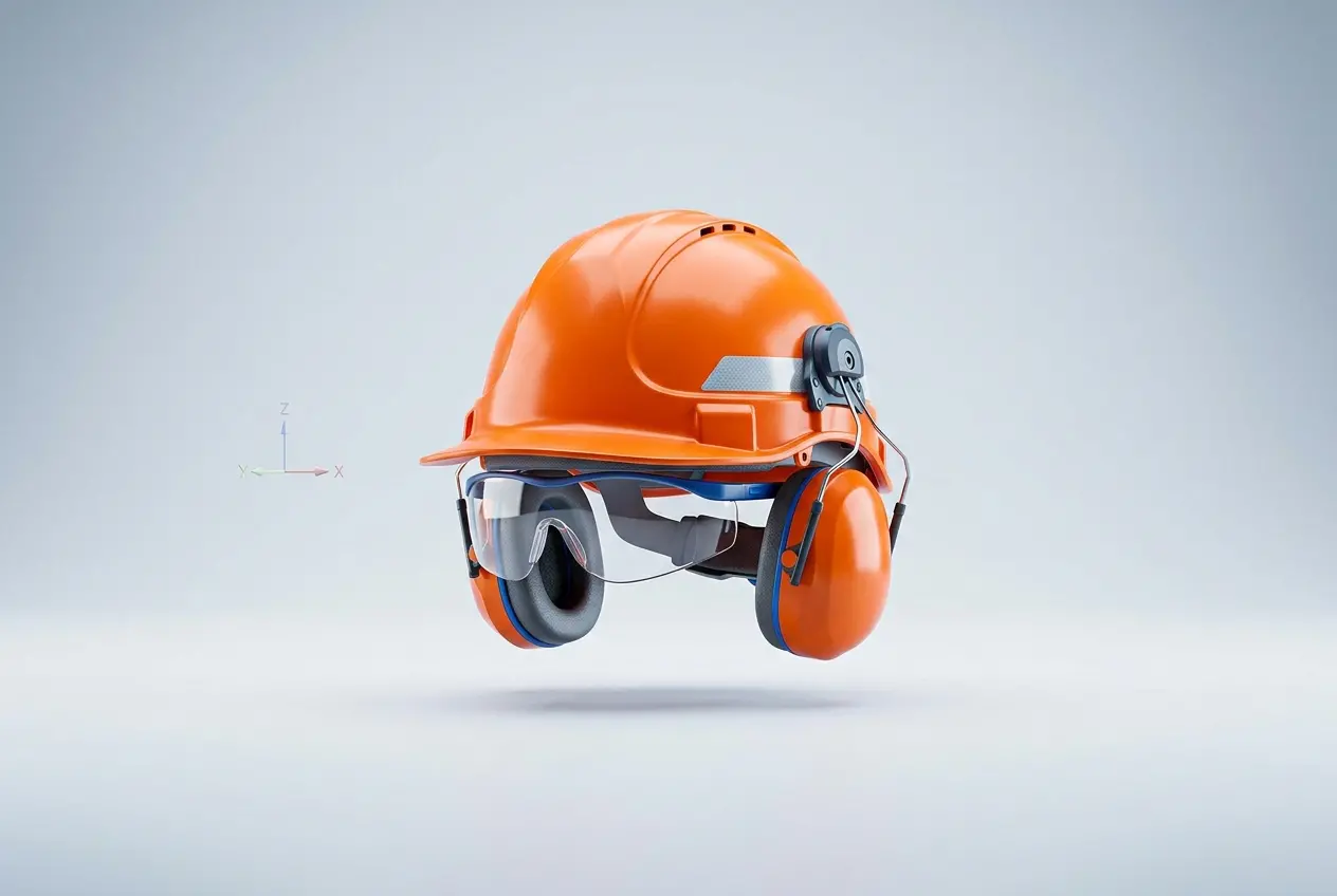 3D render of orange hard hat with attached safety goggles and ear defenders for industrial use — 3D Industrial Rendering fo