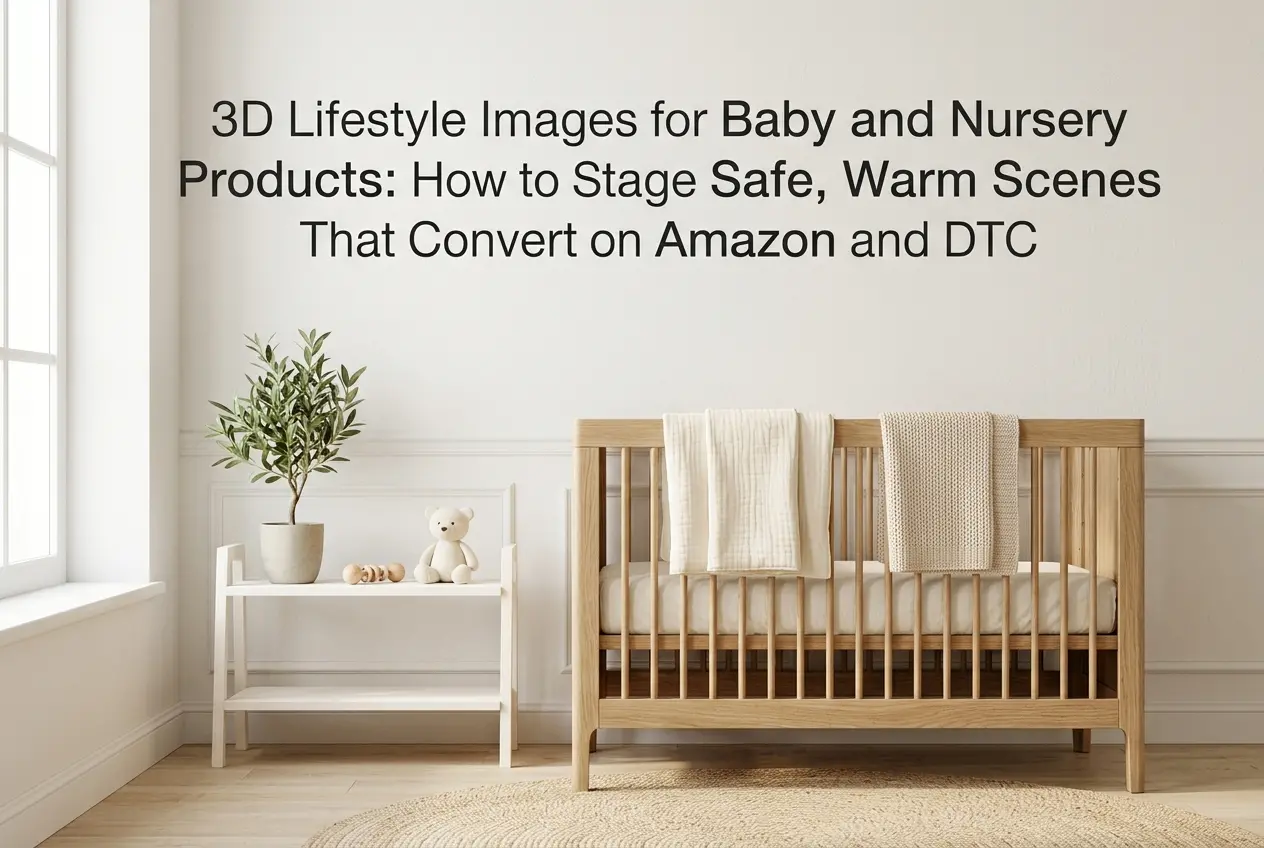 3D render of a baby crib staged with blankets, a teddy bear, and plant for a warm nursery lifestyle image — 3D Lifestyle Im