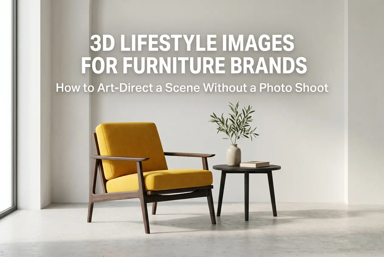 3D render of a yellow armchair and side table in a minimalist room, ideal for furniture brands — 3D Lifestyle Images for Fu