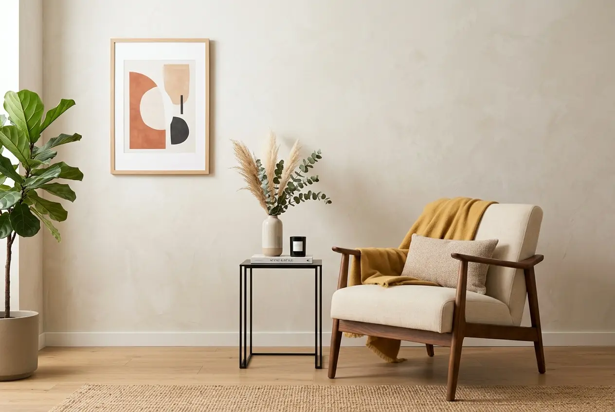 3D render of a mid-century armchair with cream upholstery, wood frame, and yellow throw — 3D Lifestyle Images for Home Deco