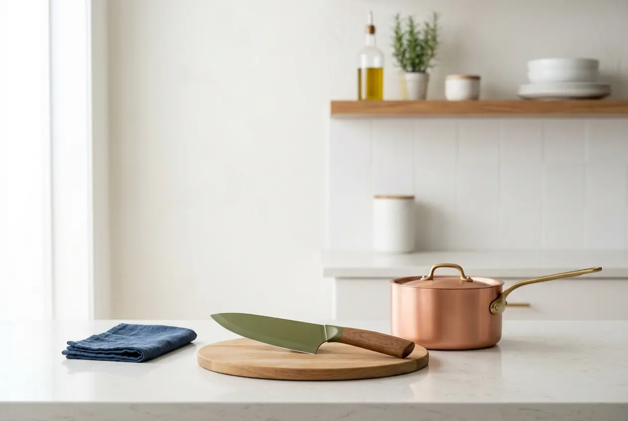 3D render of a staged kitchen scene with cookware and knife on a countertop — 3D Lifestyle Images for Kitchenware and Cookw