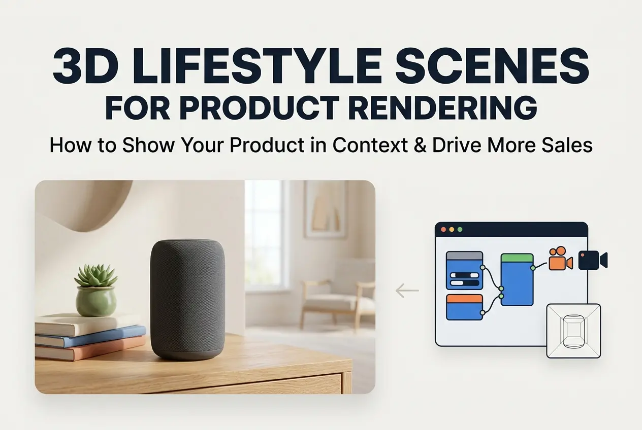 3D render of a grey speaker and plant on a wooden table in a living room — 3D Lifestyle Scenes for Product Rendering: How t