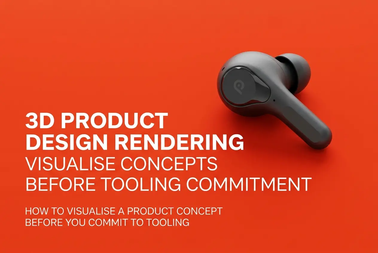 3D render of a dark grey wireless earbud concept on an orange background, visualizing product design before tooling — 3D Pr
