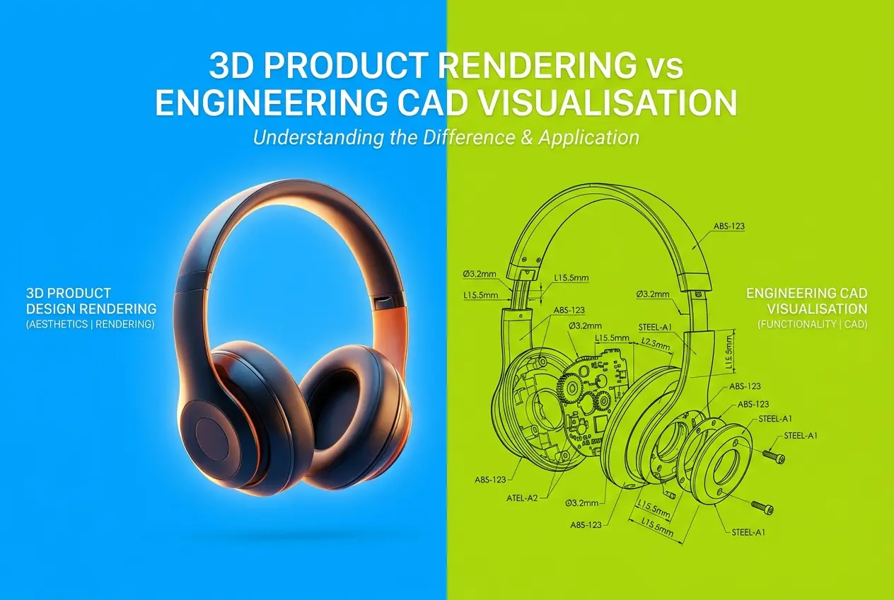 Split image comparing a realistic 3D render of headphones with a technical engineering CAD visualization of headphones — 3D