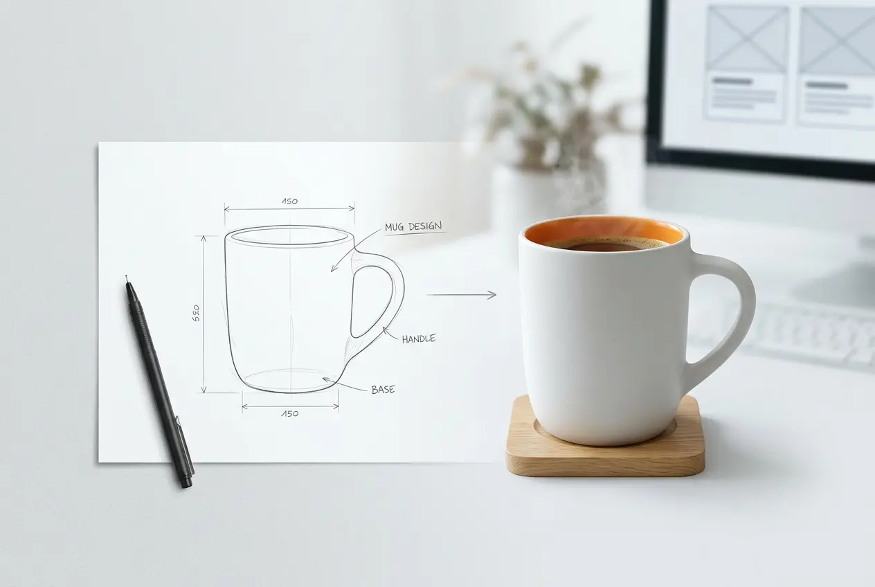 3D render showing a mug design sketch next to a realistic white mug on a coaster — 3D Product Modeling and Rendering for Co