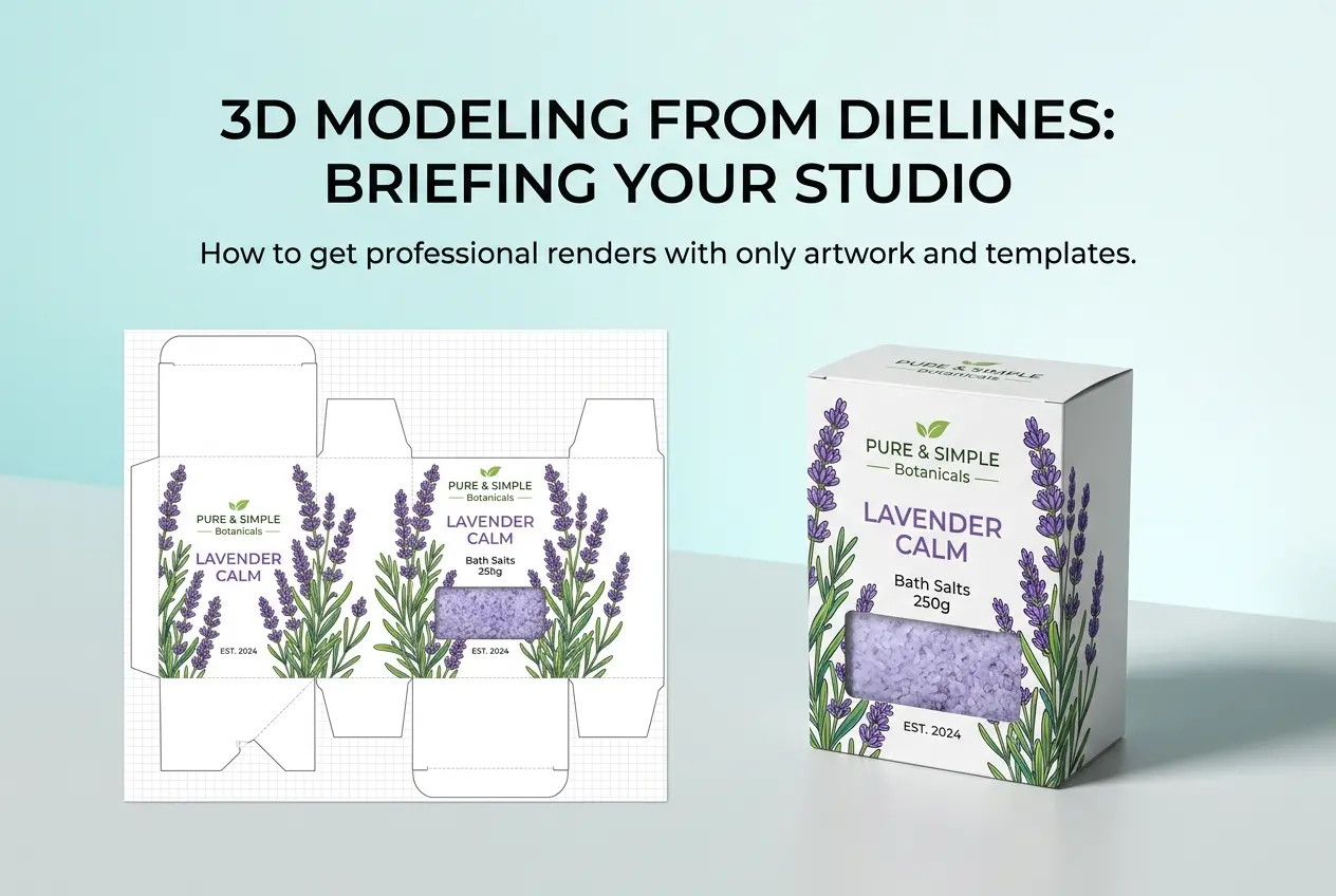3D render of a dieline template and 3D model of a lavender bath salts product box — 3D Product Modeling and Rendering for C