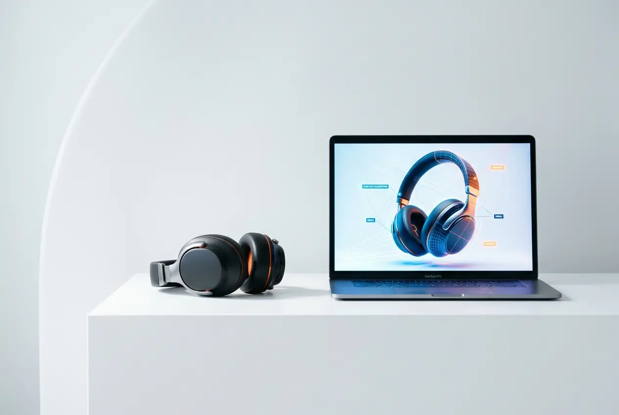 3D render of black and orange headphones on a white surface next to a laptop screen showing a headphone render — 3D Product