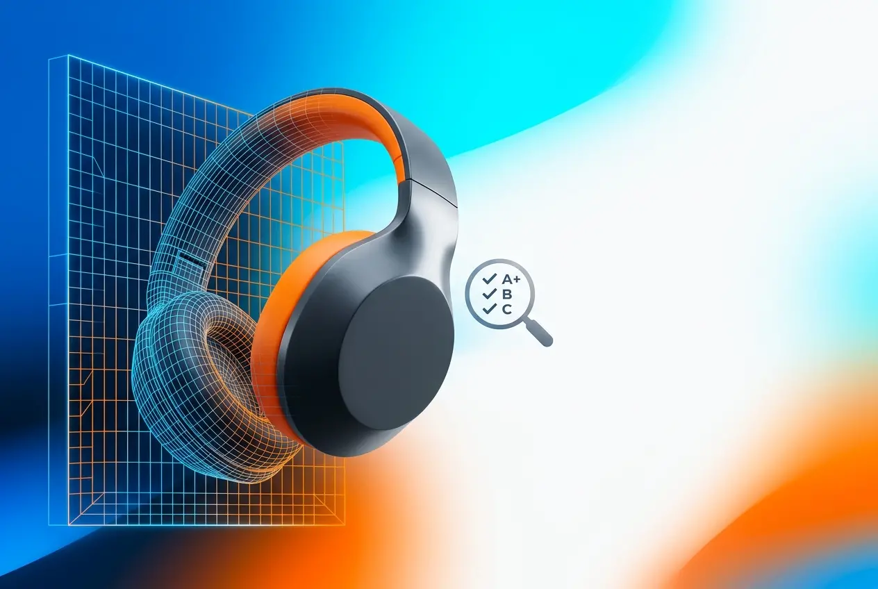 3D render of headphones with wireframe overlay showcasing technical model detail — 3D Product Modeling and Rendering Servic