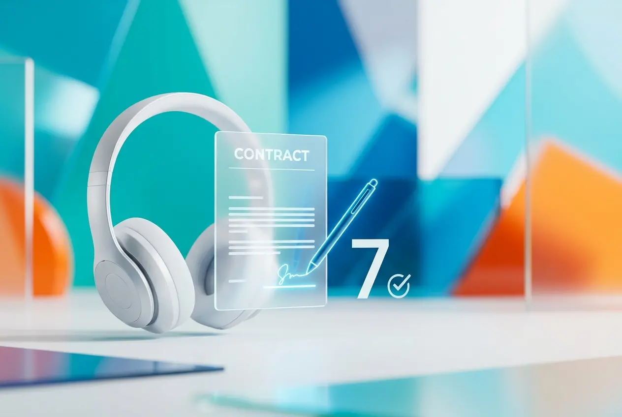 3D render of headphones near a contract with a digital pen and checkmark — 3D Product Rendering Companies: 7 Things to Chec