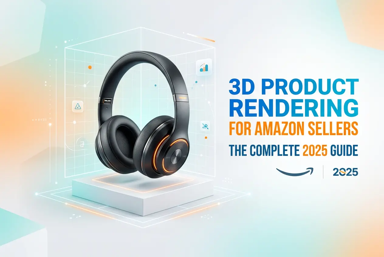 3D product rendering for Amazon sellers guide, featuring headphones, data visualizations, and wireframes