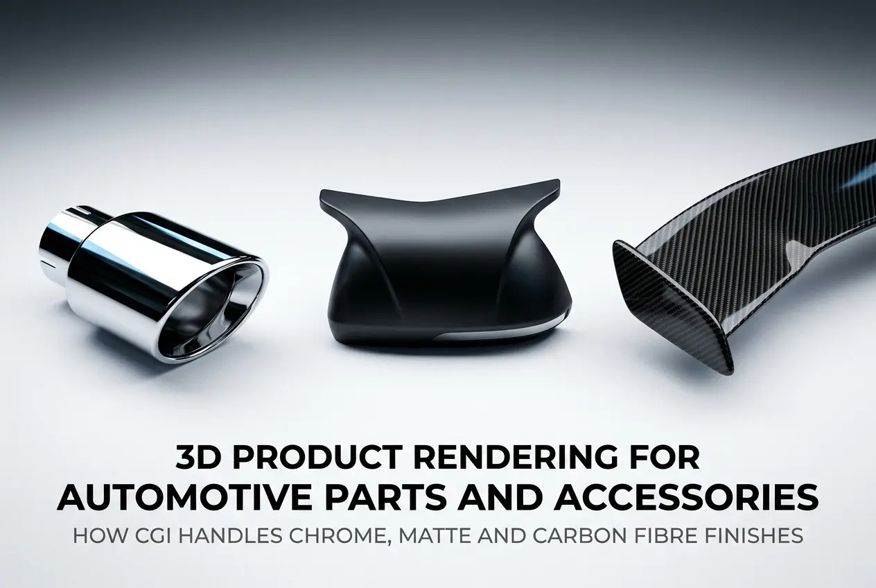3D render showcasing chrome exhaust tip, matte black car accessory, and carbon fiber spoiler — 3D Product Rendering for Aut