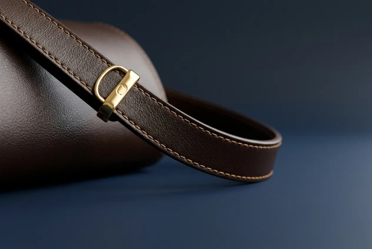 3D render showcasing detailed leather strap with stitching and gold hardware on a dark surface — 3D Product Rendering for L