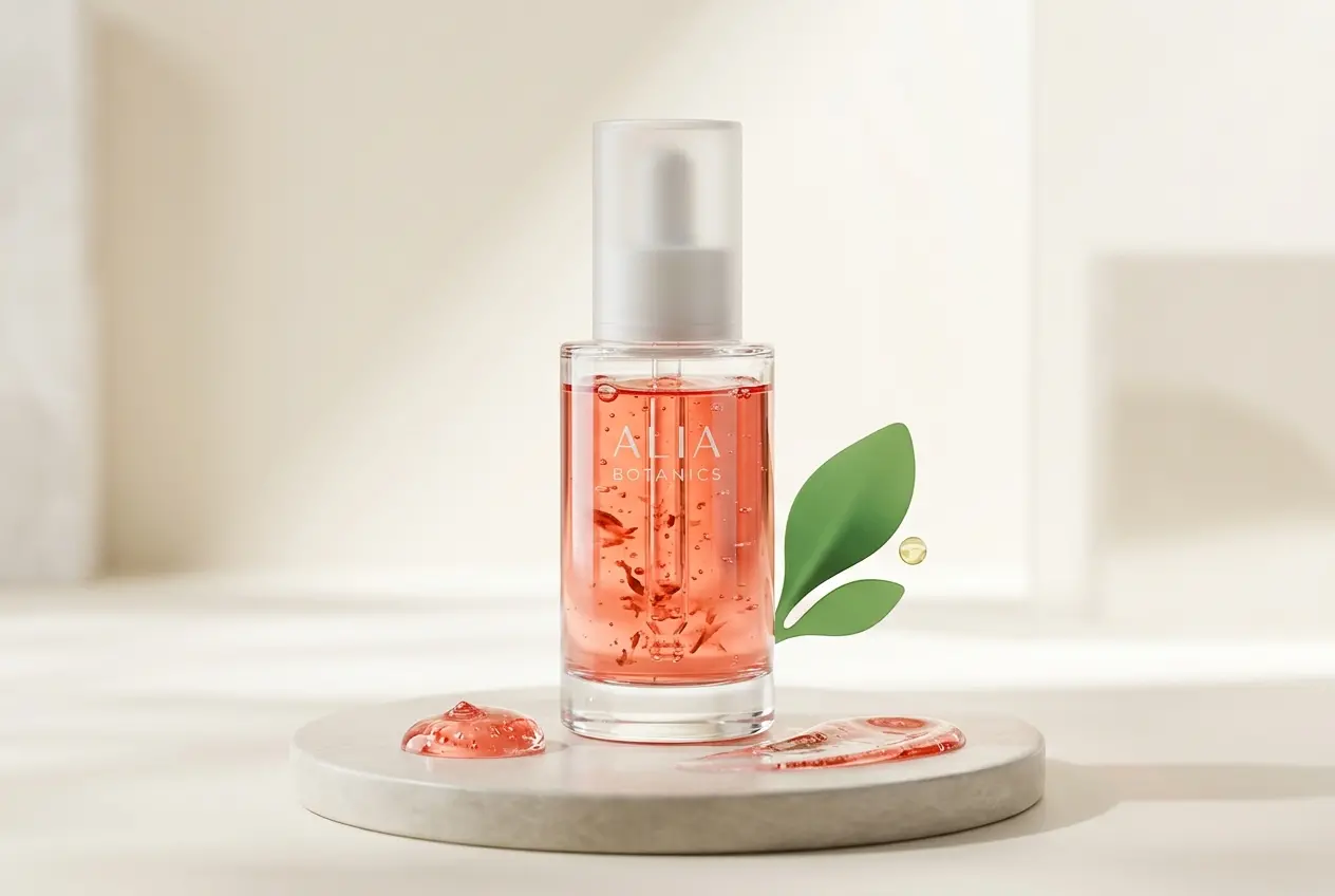 3D render of Alia Botanics skincare serum bottle with texture and leaf detail — 3D Product Rendering for Skincare and Beaut