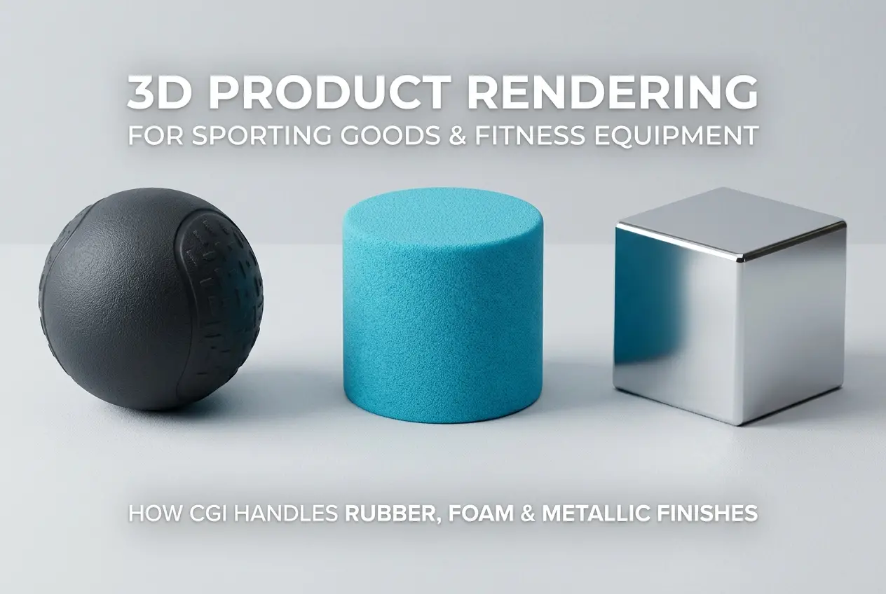 3D render showcasing rubber ball, foam cylinder, and metallic cube for fitness equipment — 3D Product Rendering for Sportin