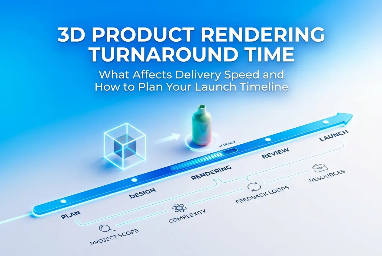 3D render graphic illustrating a product rendering timeline from plan to launch — 3D Product Rendering Turnaround Time: Wha