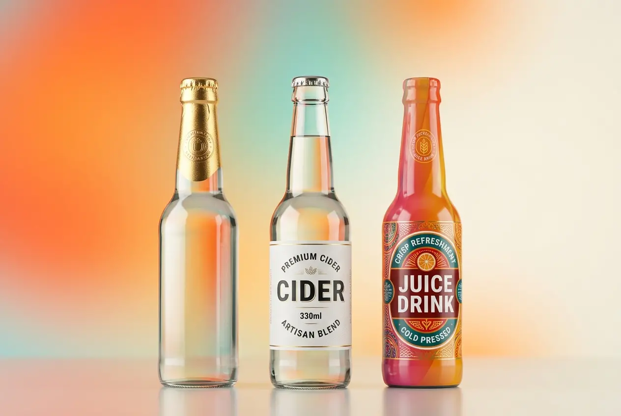 3D render of three beverage bottles with custom labels and foils on a colorful gradient background — 3D Rendering for Food