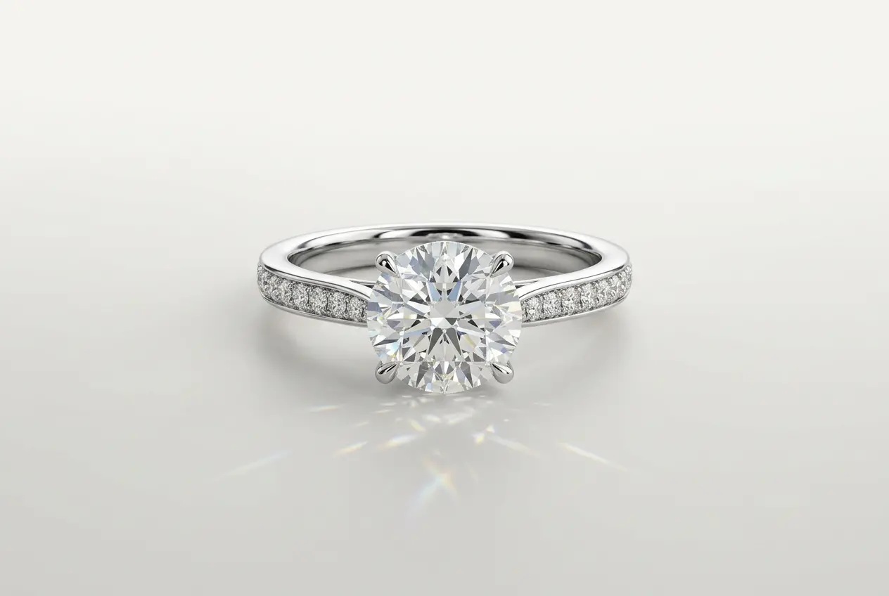 3D render of a white gold engagement ring with a round diamond and micro-pave band — 3D Rendering for Jewellery: How to Cap