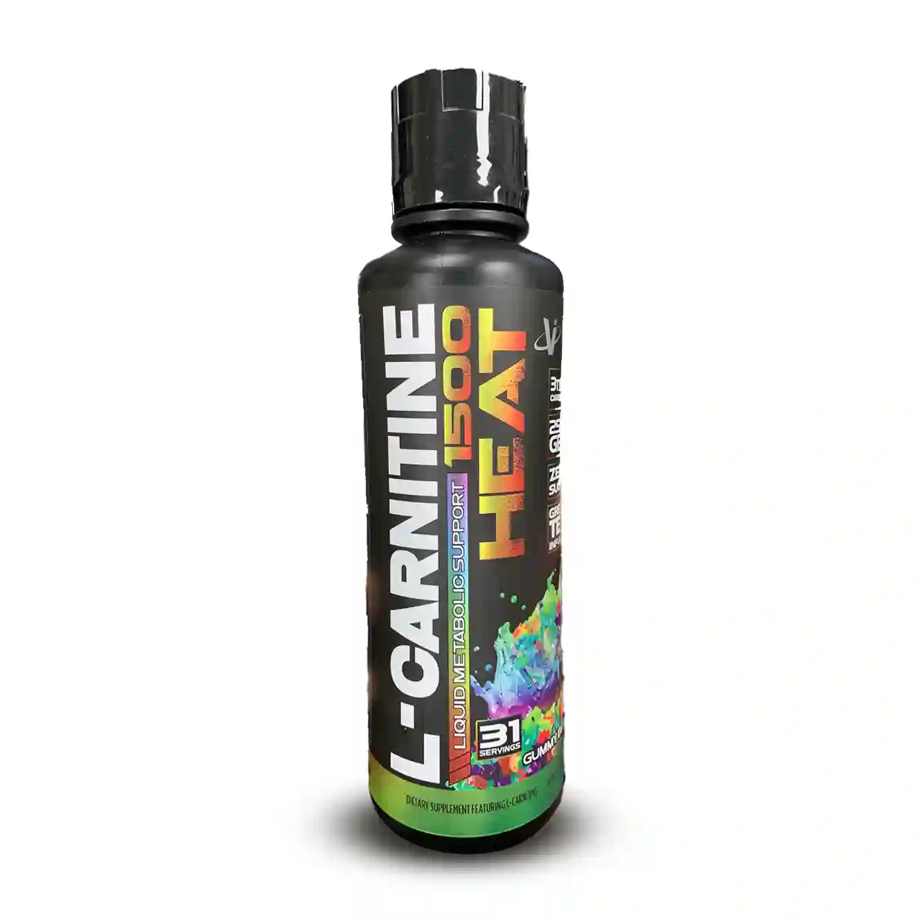 3D render of L-Carnitine Heat supplement bottle on hand, promoting fat loss