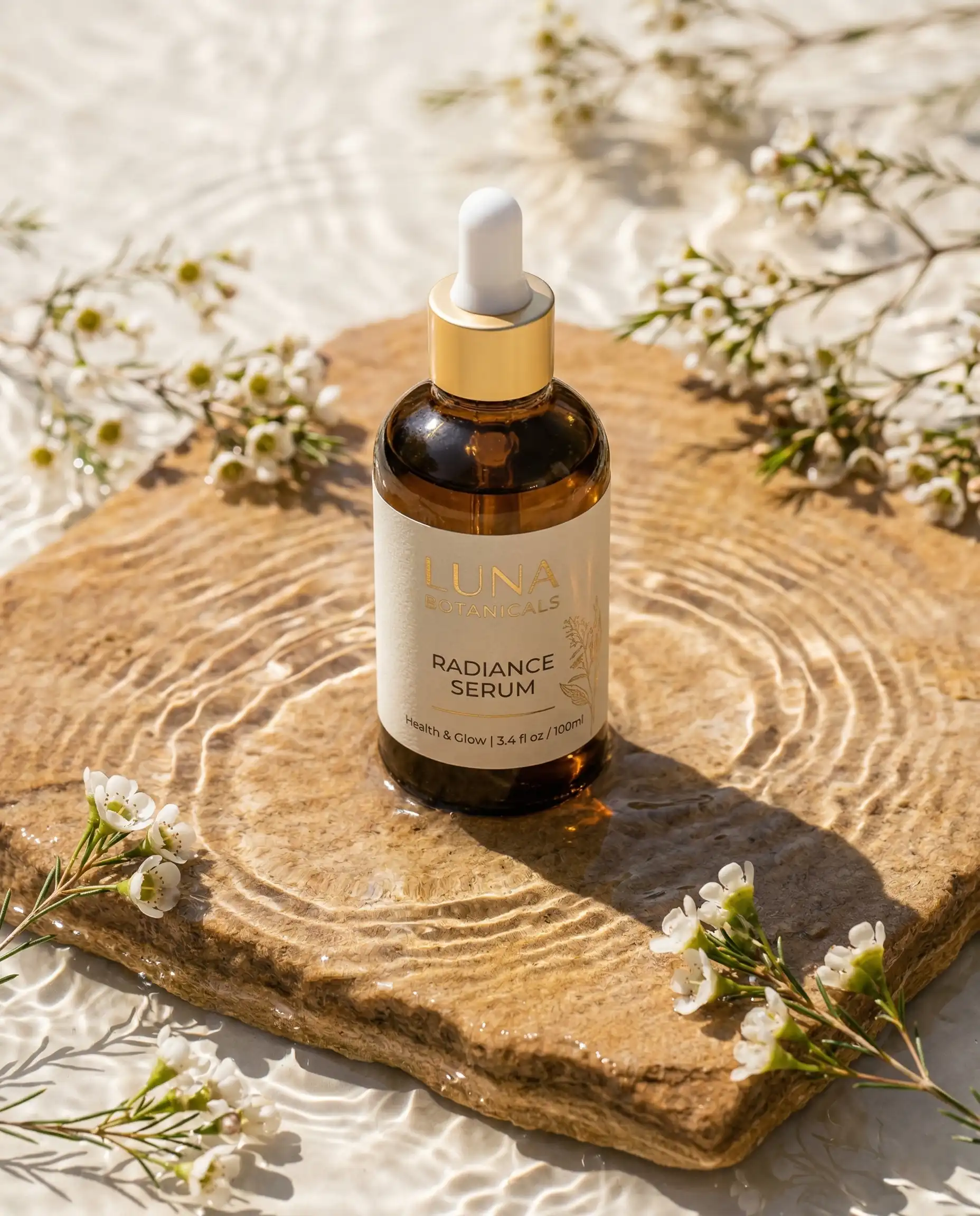 Luna Botanicals Serum bottle on a sandstone render