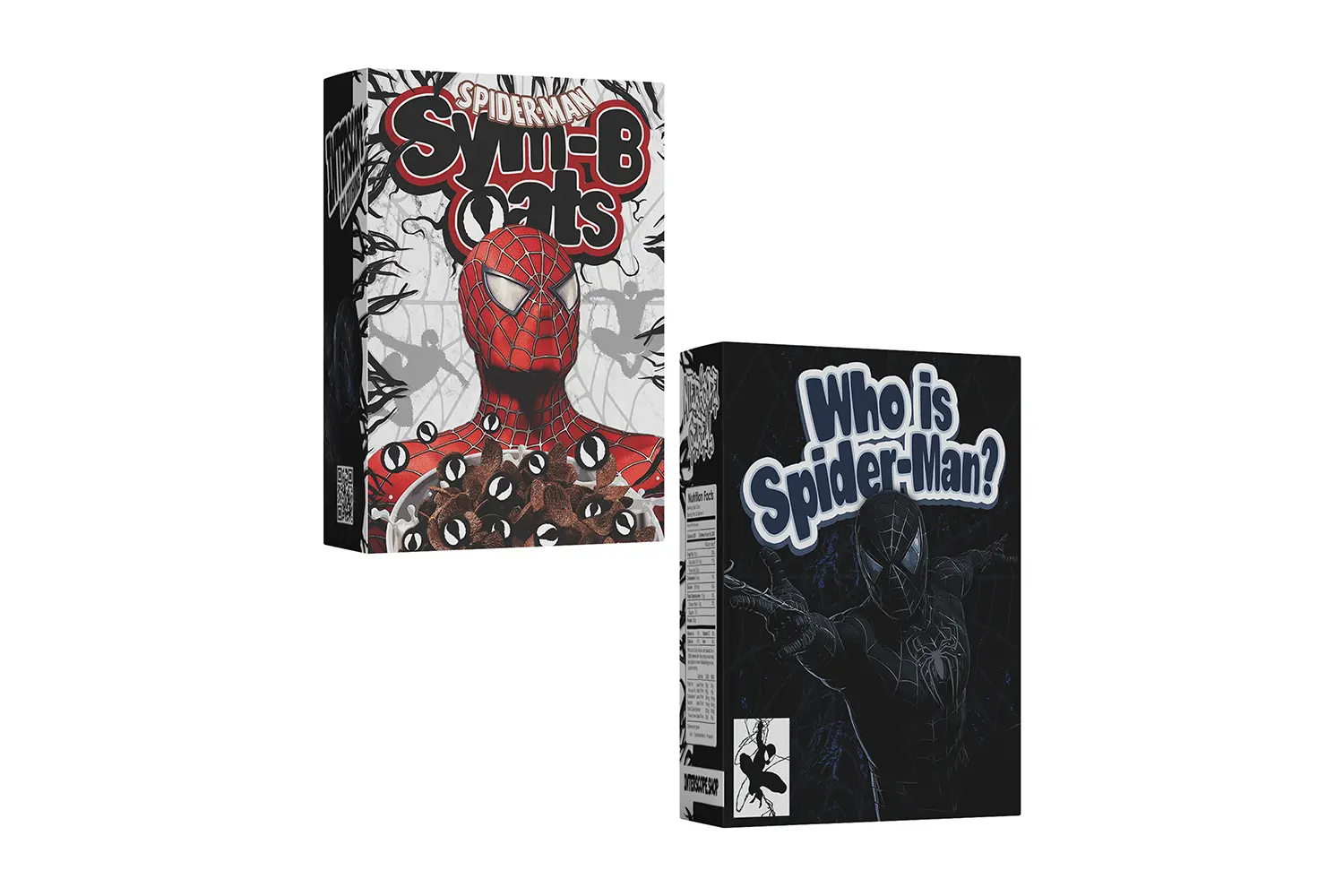 3D render of two Spider-Man themed cereal boxes with Spiderman graphics, one red and one black