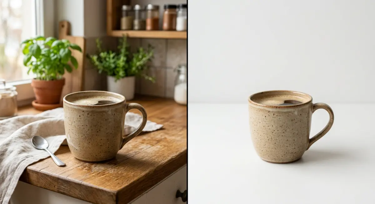 3D render of a speckled ceramic coffee mug filled with coffee on a wooden surface