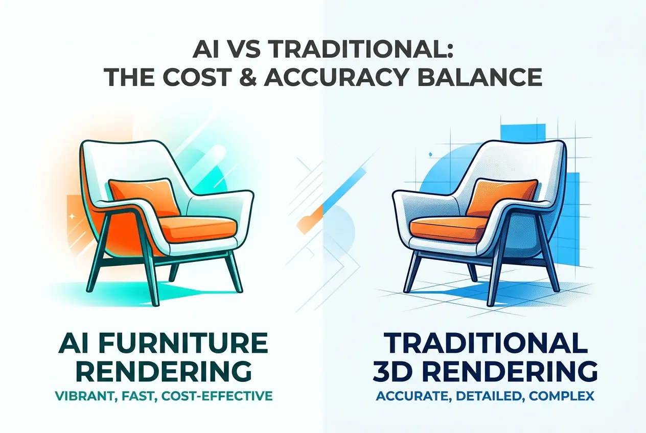Side-by-side comparison of AI furniture rendering and traditional 3D rendering showcasing chairs with different visual styles