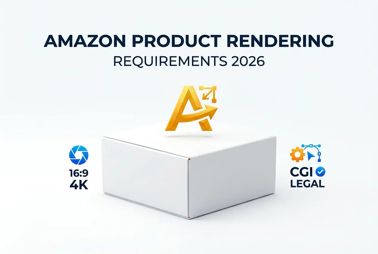 3D render graphic detailing Amazon's 2026 product rendering requirements for CGI assets — Amazon Product Rendering Requirem