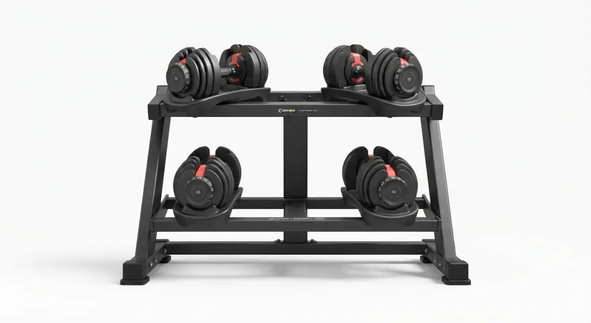 3D render of adjustable dumbbells with red accents on a black rack, perfect for home fitness