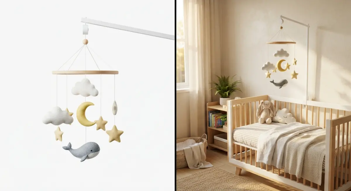 3D render of baby mobile with clouds, moon, stars, and whale in a nursery