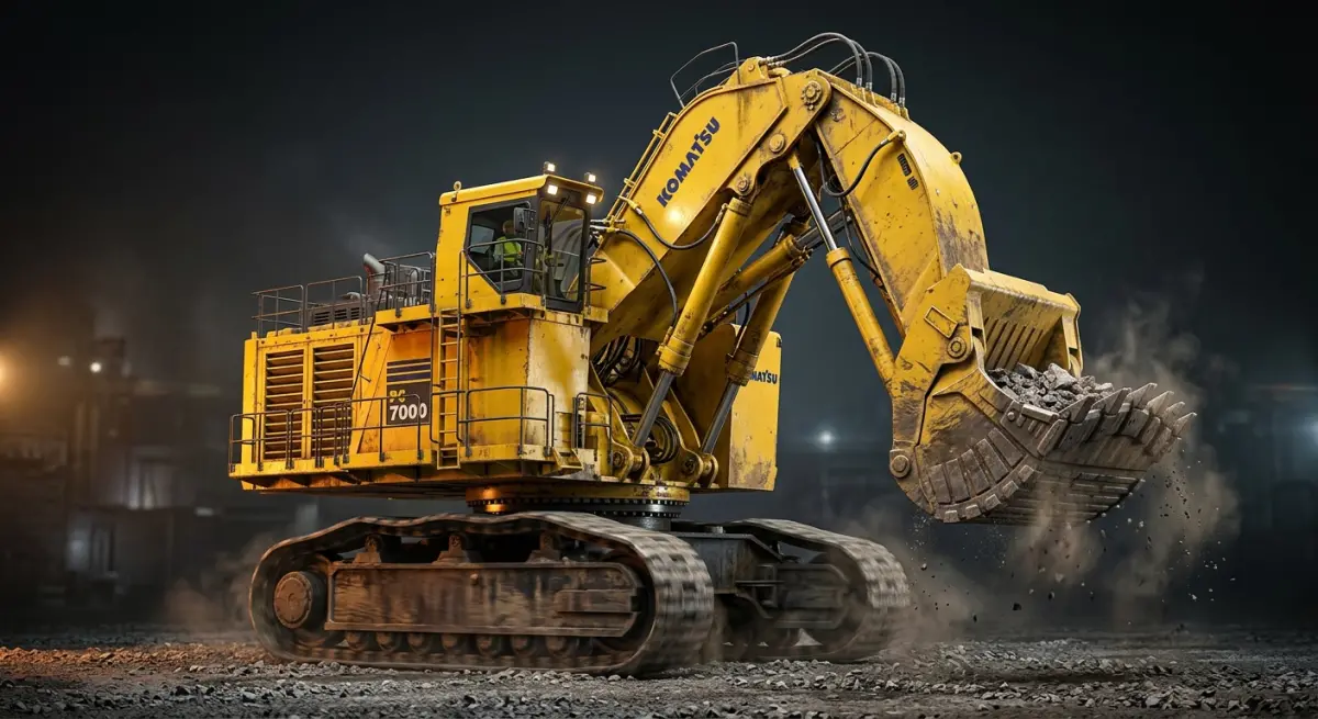 3D render of a massive yellow Komatsu excavator at a construction site, digging rocks