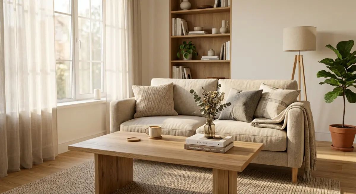 3D render of a cozy living room with a beige sofa, wooden coffee table, and bookshelf