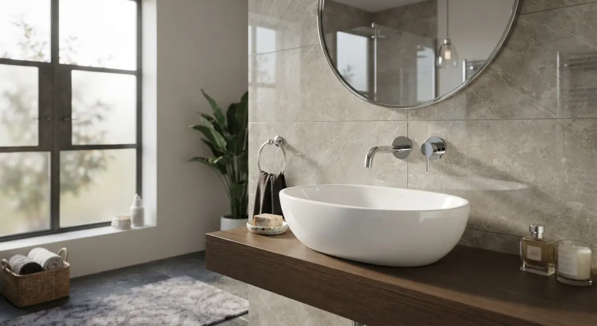 A modern bathroom vanity with a vessel sink, chrome faucet, and large window