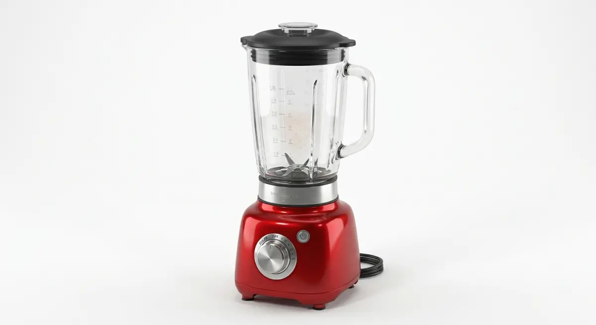 3D render of a red kitchen blender with a glass pitcher and stainless steel base on a white background