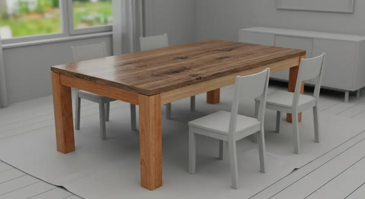 3D render of a wooden dining table with four white chairs in a bright room