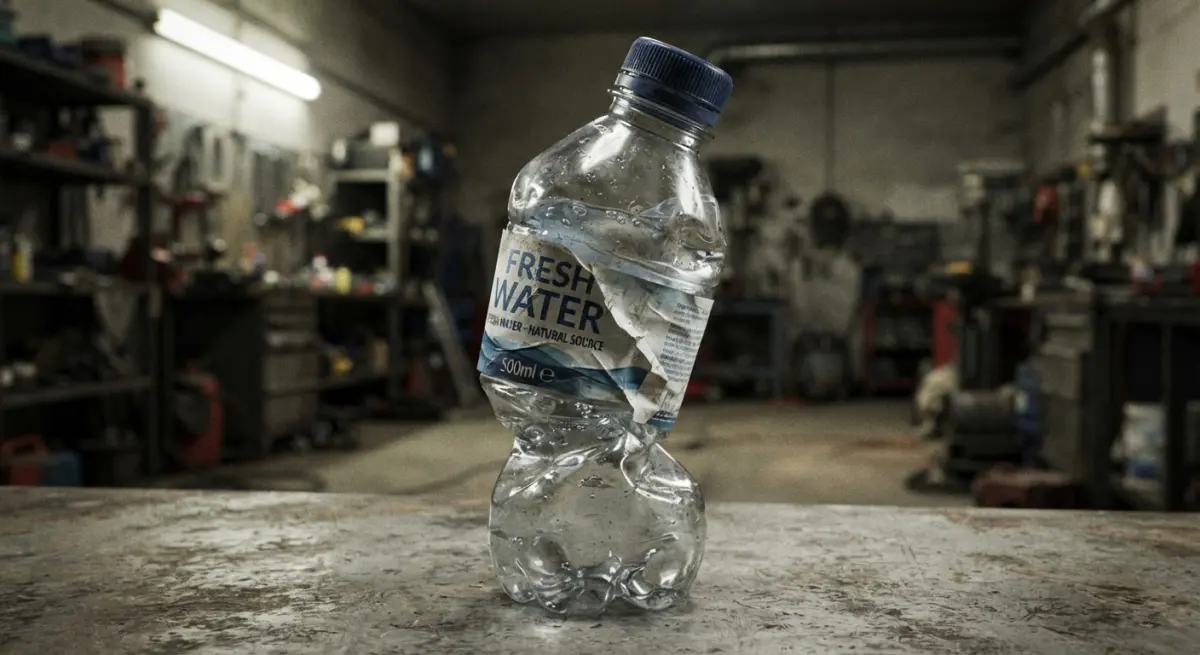 3D render of a crushed plastic water bottle on a workbench in a workshop, showcasing product visualization