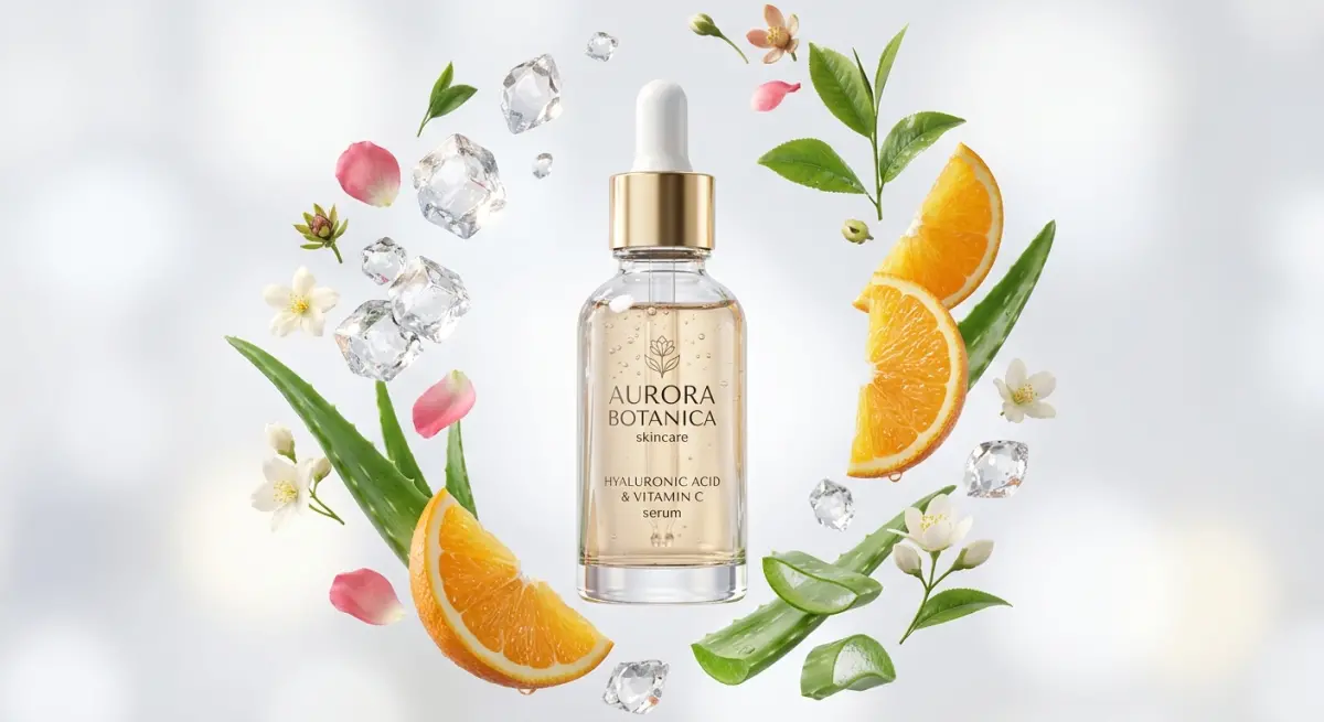 3D render of Aurora Botanica Hyaluronic Acid & Vitamin C serum bottle surrounded by ingredients