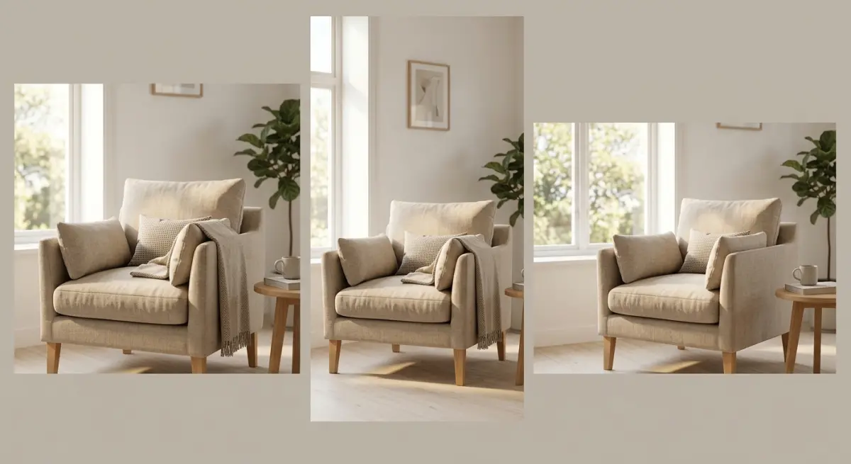 3D render of a comfortable beige armchair styled with cushions and a throw in a sunlit room