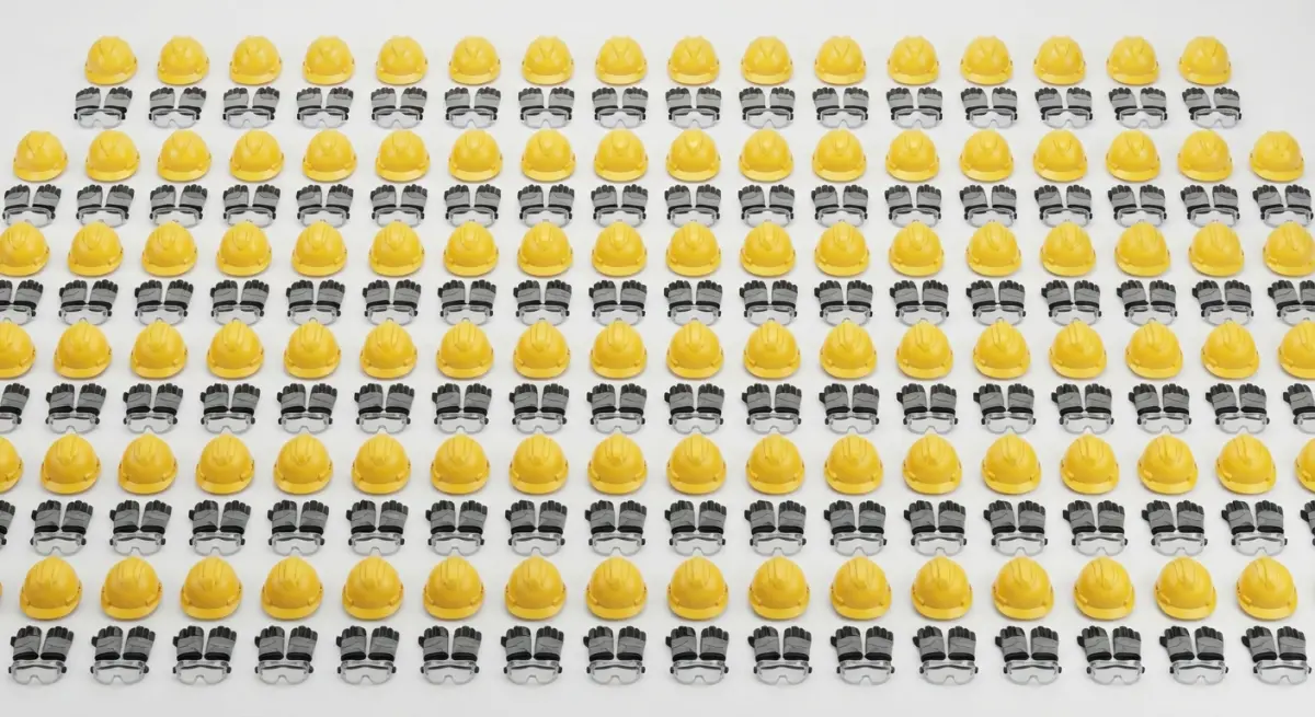 3D render of yellow hard hats and safety goggles arranged in a grid