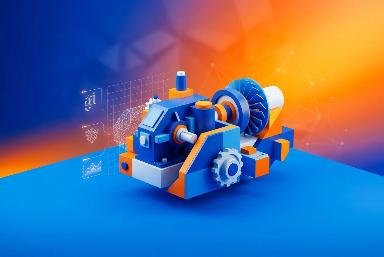 3D render of a blue and orange industrial machine with gears and turbine components, showcasing technical visualization — E