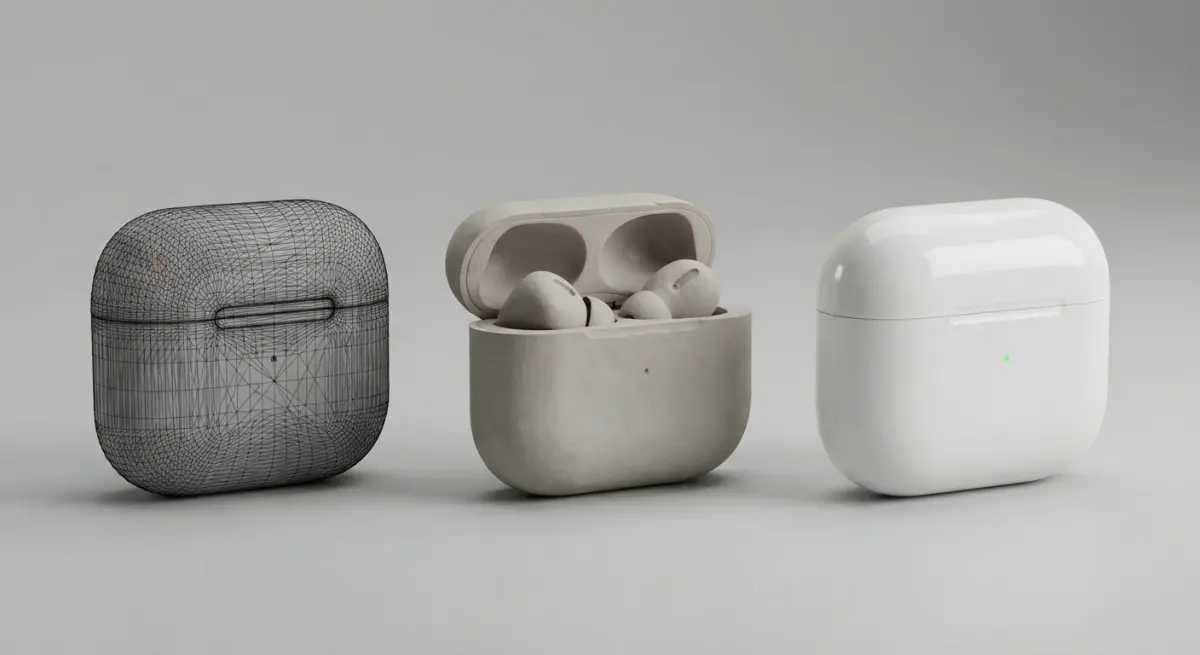 3D render showcasing wireframe, clay, and final white earbud case models